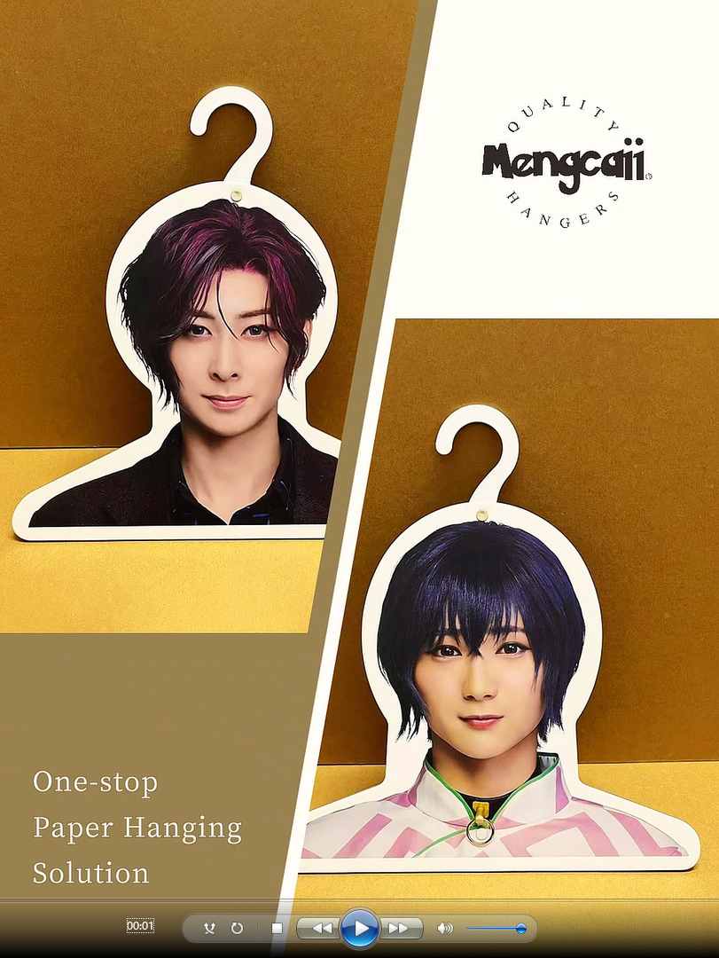 Custom-made paper hangers featuring Japanese celebrities, cartoon characters, and animal designs.